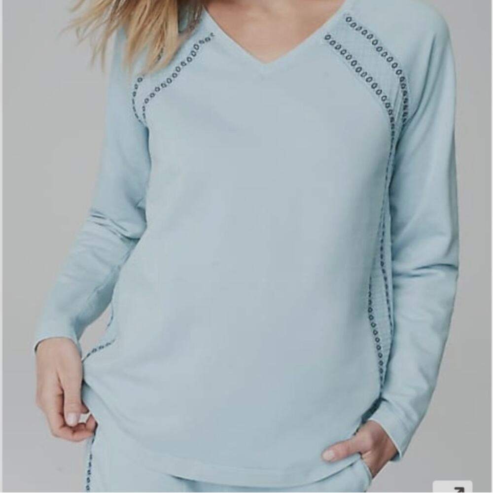 J.JILL FIT French Terry Embroidered V-Neck Pullover Blue Cotton Women's Size M